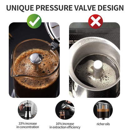 Moka Espressokocher für Induktionsherd mit Druckventil, Kristallglasplatte und Espresso-Mokkakanne aus Edelstahl, 240 ml