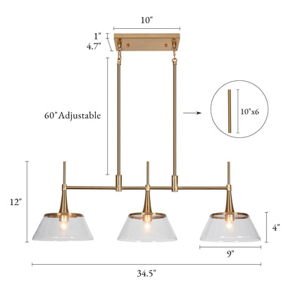 Mola Modern Gold 3-Licht Seeded Glass Kronleuchter Linear Island Pendelleuchte für Esszimmer