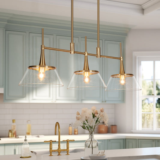 Mola Modern Gold 3-Licht Seeded Glass Kronleuchter Linear Island Pendelleuchte für Esszimmer