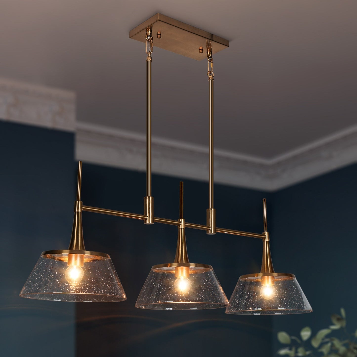 Mola Modern Gold 3-Licht Seeded Glass Kronleuchter Linear Island Pendelleuchte für Esszimmer