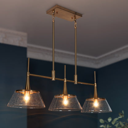Mola Modern Gold 3-Licht Seeded Glass Kronleuchter Linear Island Pendelleuchte für Esszimmer