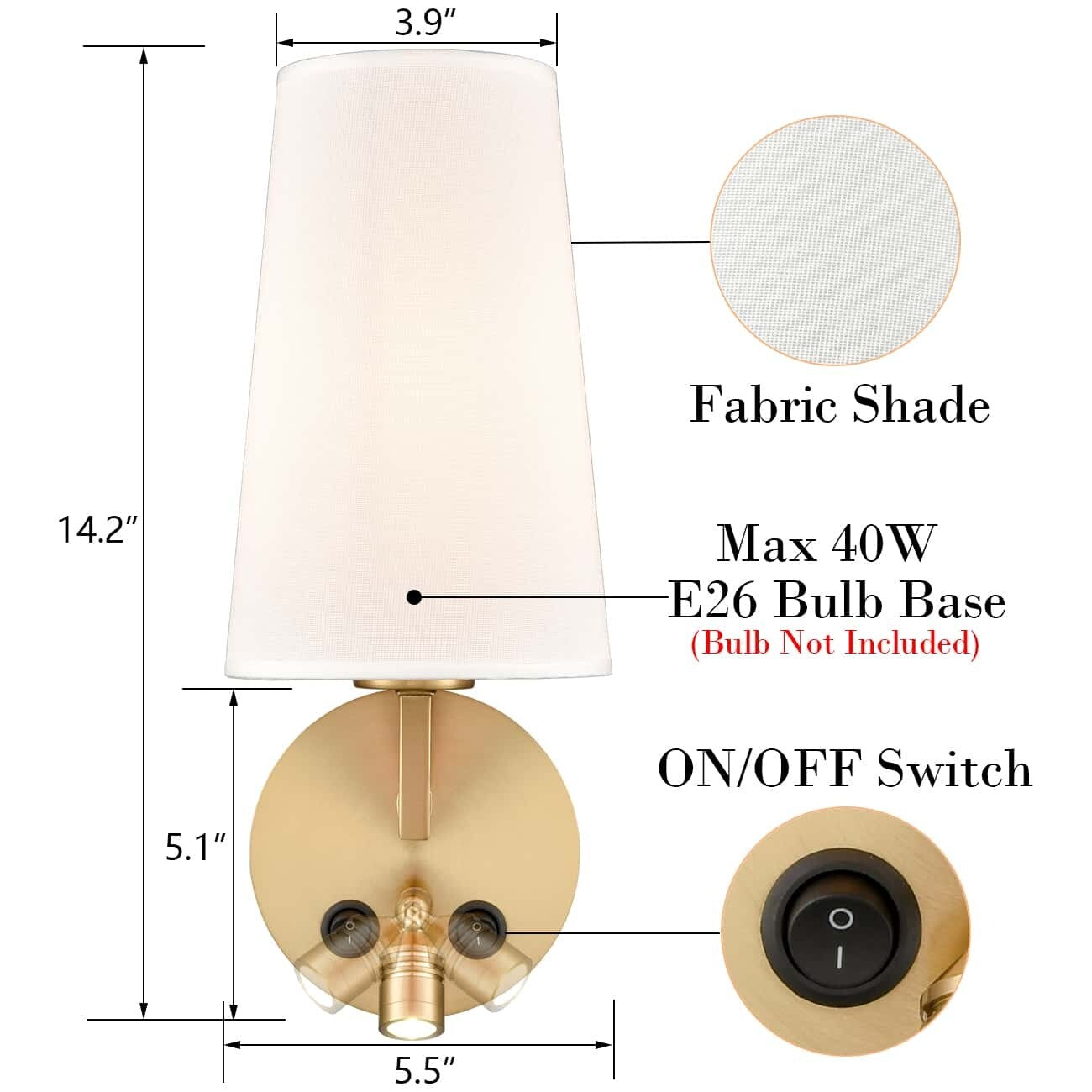 Morbihan Wandleuchte 2er Set Wandlampe aus Stoff mit USB-Anschluss und Schalter