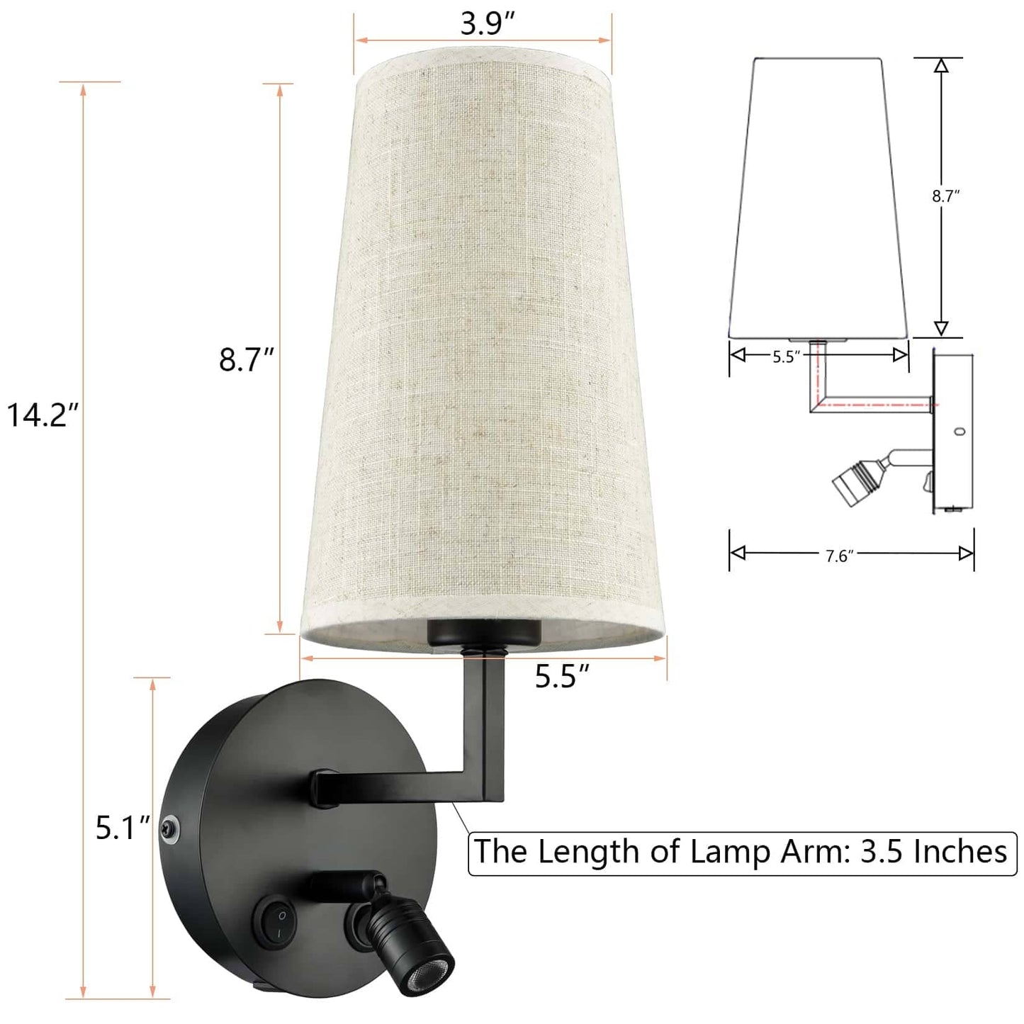 Morbihan Wandleuchte 2er Set Wandlampe aus Stoff mit USB-Anschluss und Schalter