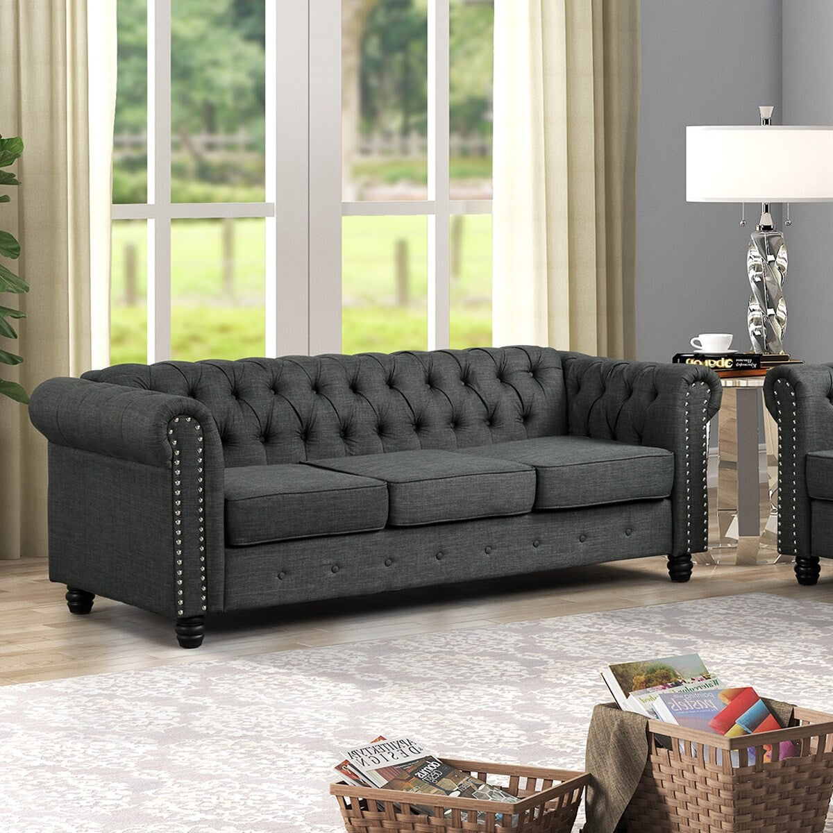 Morden Fort Linen Chesterfield Sofa with Button Tufted, Nailhead and Solid Wood Legs for Living Room