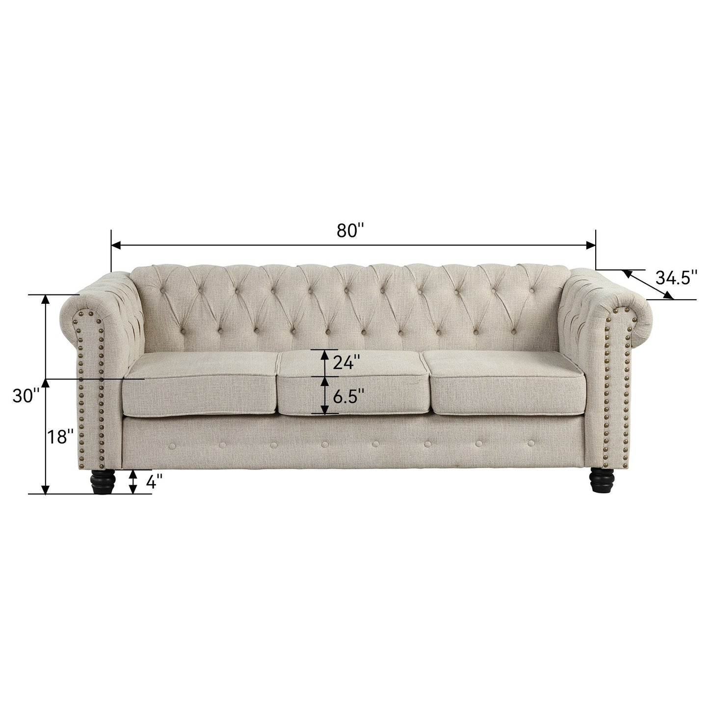 Morden Fort Linen Chesterfield Sofa with Button Tufted, Nailhead and Solid Wood Legs for Living Room