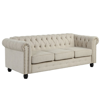 Morden Fort Linen Chesterfield Sofa with Button Tufted, Nailhead and Solid Wood Legs for Living Room