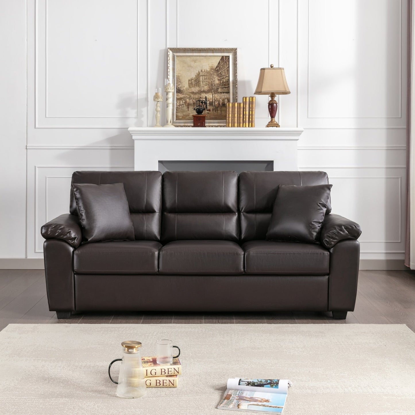 Morden Fort Upholstered Sofa for Living Room,Three-Seater Couch Faux Leather