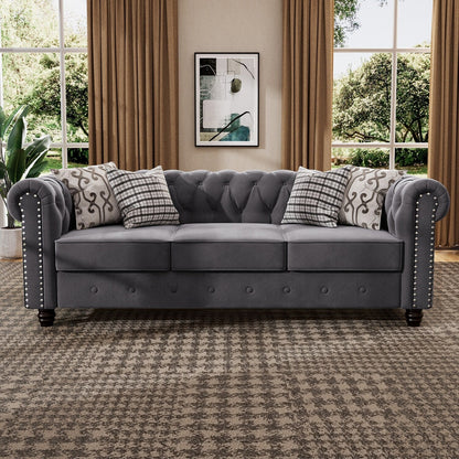Morden Fort Velvet Upholstered Chesterfield Sofa with Nailhead and Solid Legs for Living Room