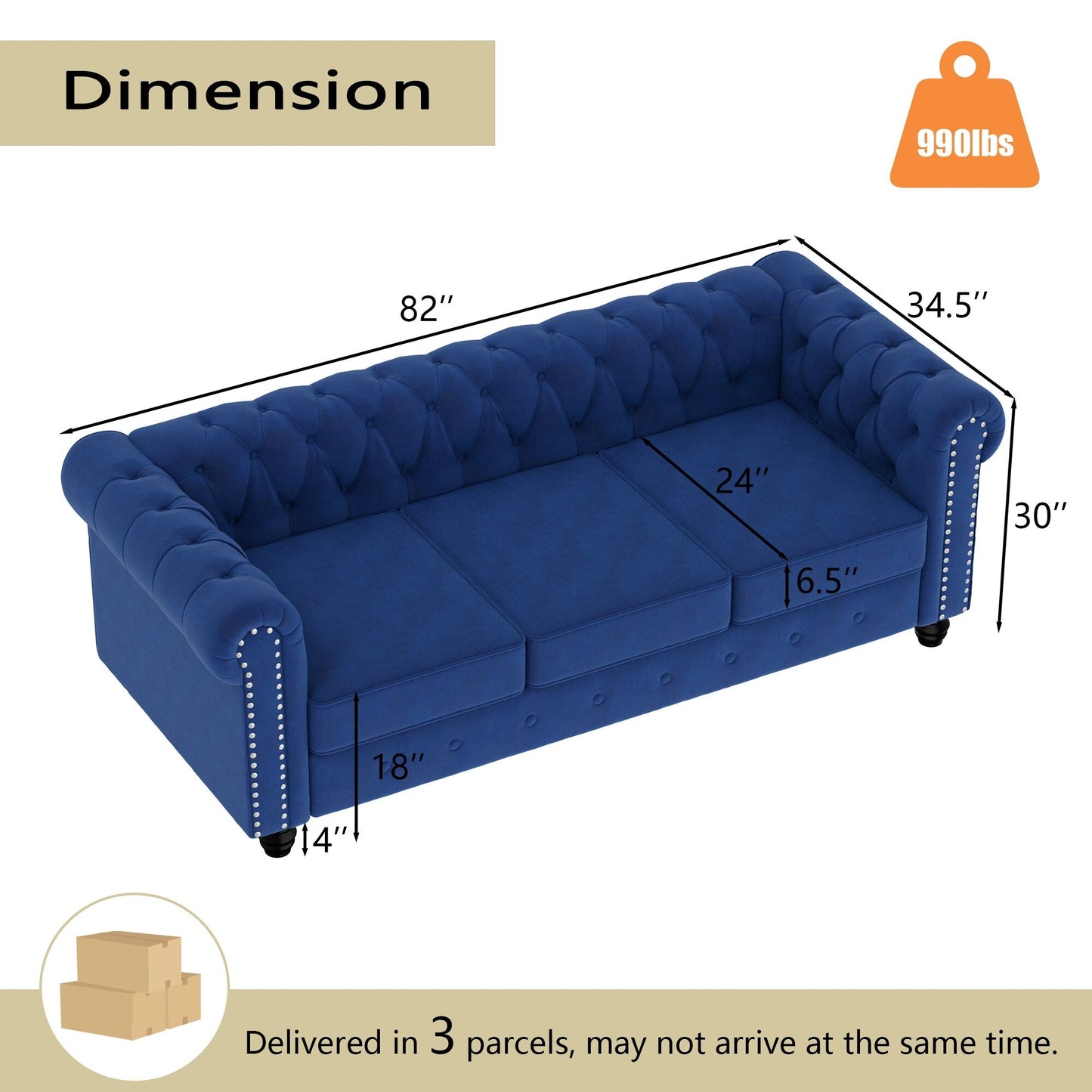 Morden Fort Velvet Upholstered Chesterfield Sofa with Nailhead and Solid Legs for Living Room