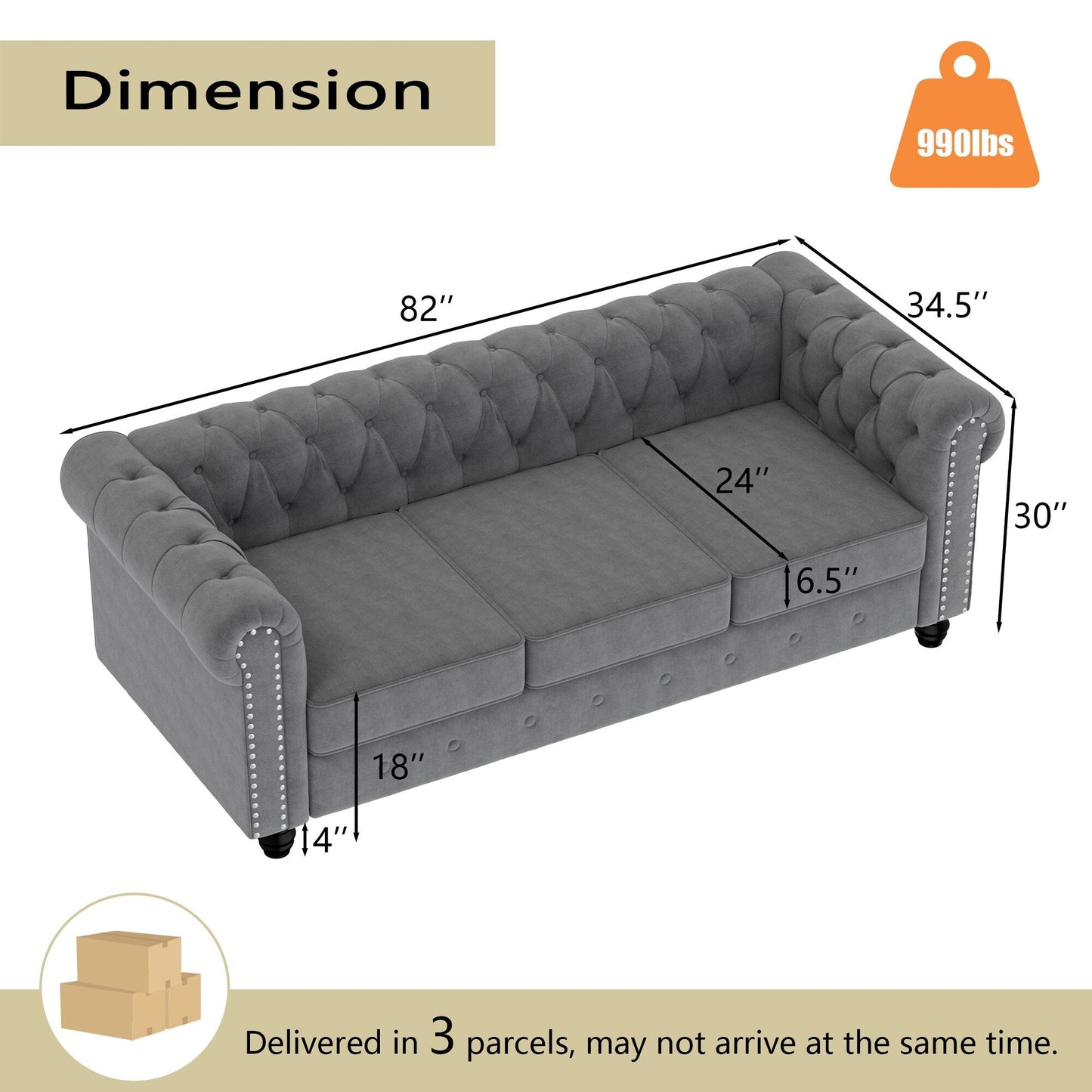 Morden Fort Velvet Upholstered Chesterfield Sofa with Nailhead and Solid Legs for Living Room