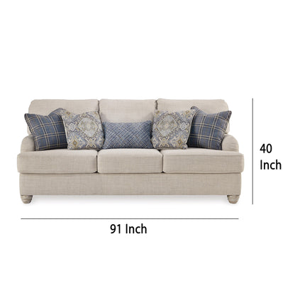 Moyi Sofa with 5 Accent Throw Pillows, 91 Inch Soft Beige Polyester
