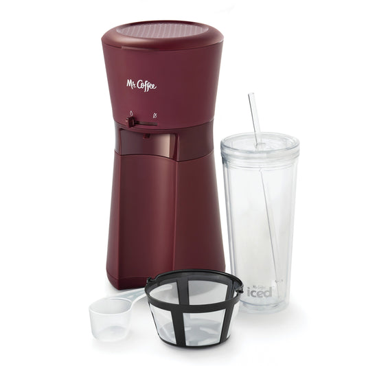 Mr. Coffee® Iced™ Kaffeemaschine mit wiederverwendbarem Becher und Kaffeefilter, Burgunderrot, frustfreie Verpackung