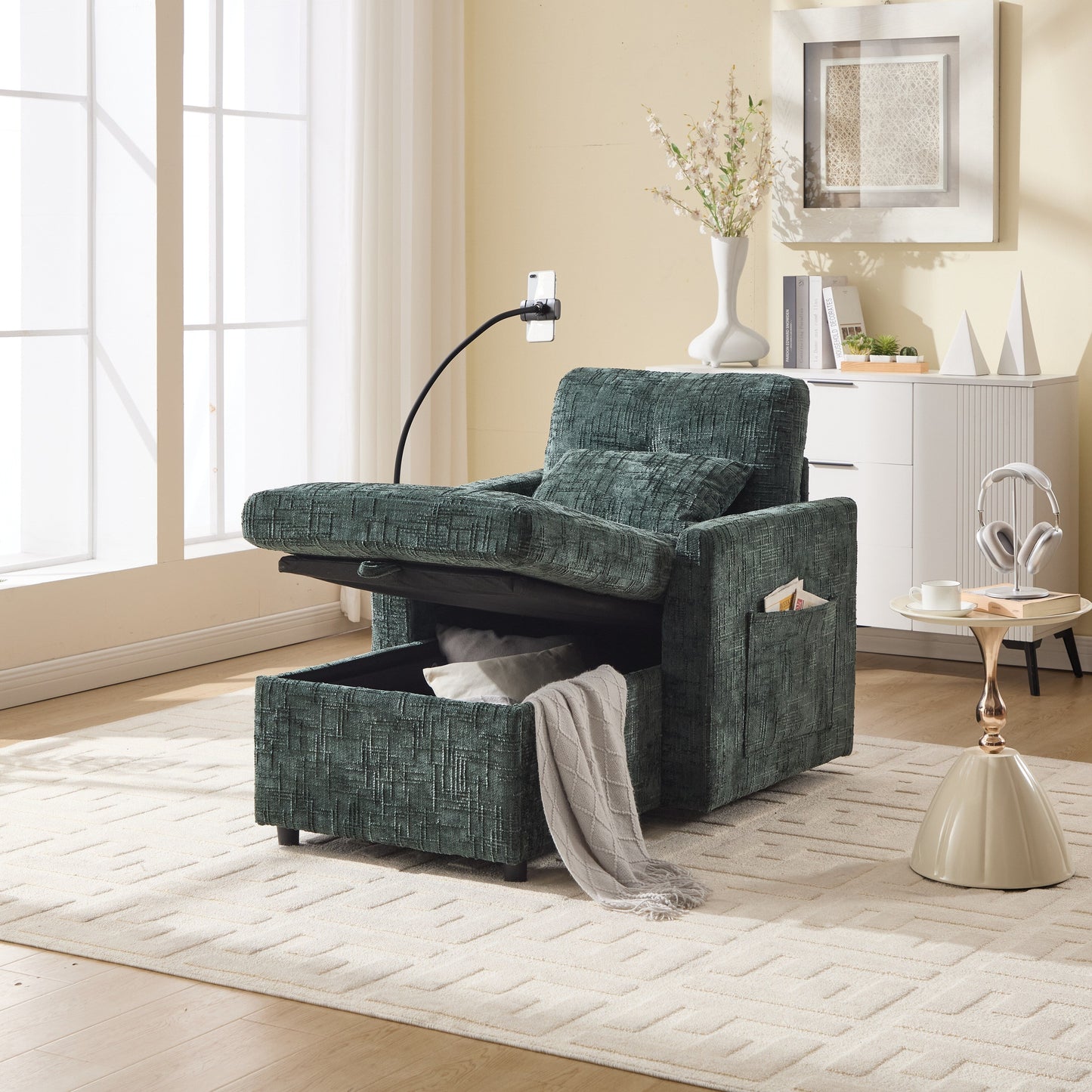Multifunctional Lazy Person Sofa Recliner Can Be Stored Storage Backrest With Cell Phone Bracket Chenille Single Leisure Chair