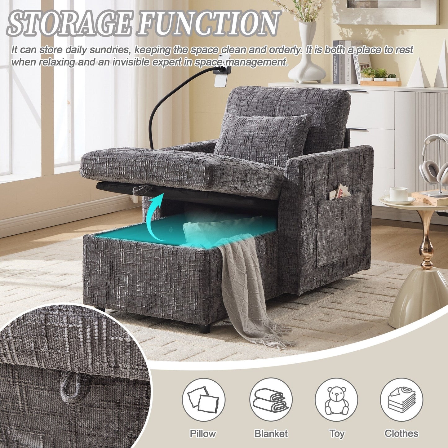 Multifunctional Lazy Person Sofa Recliner,Storage Backrest With Cell Phone Bracket Chenille Single Leisure Chair