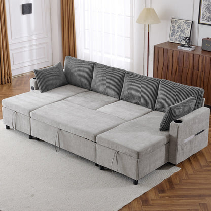 Multifunctional Sectional Sofa Bed with Pull-Out Sleeper, Dual Storage Chaises, USB Ports and Cup Holders for Living Room