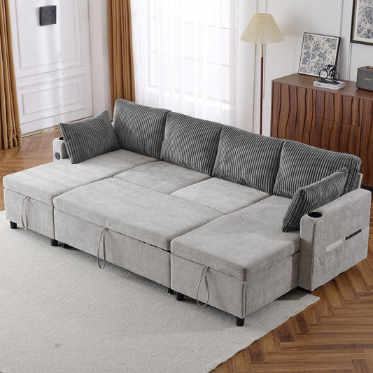 Multifunctional Sectional Sofa Bed with Pull-Out Sleeper, Dual Storage Chaises, USB Ports and Cup Holders for Living Room