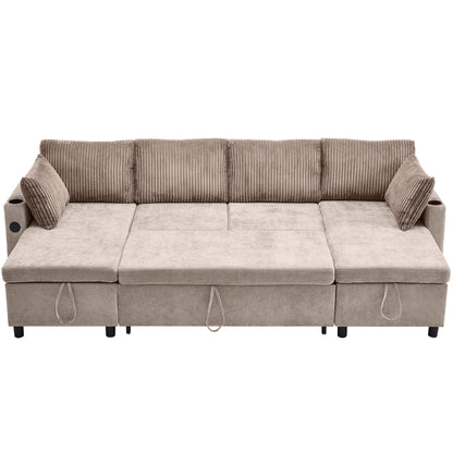 Multifunctional Sectional Sofa Bed with Pull-Out Sleeper, Dual Storage Chaises, USB Ports and Cup Holders for Living Room