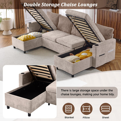 Multifunctional Sectional Sofa Bed with Pull-Out Sleeper, Dual Storage Chaises, USB Ports and Cup Holders for Living Room