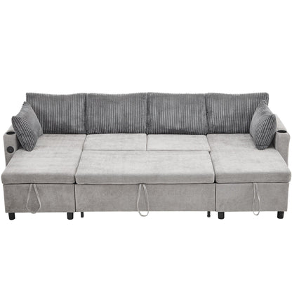 Multifunctional Sectional Sofa Bed with Pull-Out Sleeper, Dual Storage Chaises, USB Ports and Cup Holders for Living Room