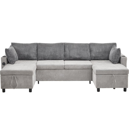 Multifunctional Sectional Sofa Bed with Pull-Out Sleeper, Dual Storage Chaises, USB Ports and Cup Holders for Living Room