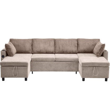 Multifunctional Sectional Sofa Bed with Pull-Out Sleeper, Dual Storage Chaises, USB Ports and Cup Holders for Living Room