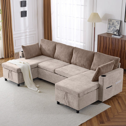 Multifunctional Sectional Sofa Bed with Pull-Out Sleeper, Dual Storage Chaises, USB Ports and Cup Holders for Living Room