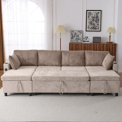 Multifunctional Sectional Sofa Bed with Pull-Out Sleeper, Dual Storage Chaises, USB Ports and Cup Holders for Living Room