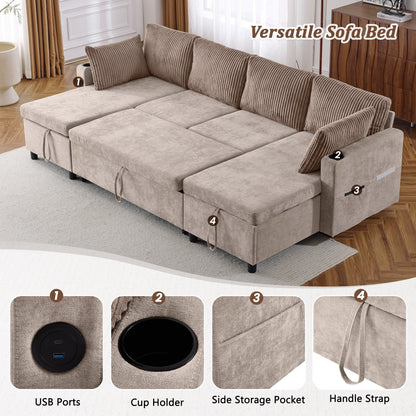 Multifunctional Sectional Sofa Bed with Pull-Out Sleeper, Dual Storage Chaises, USB Ports and Cup Holders for Living Room