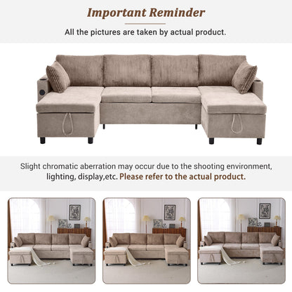 Multifunctional Sectional Sofa Bed with Pull-Out Sleeper, Dual Storage Chaises, USB Ports and Cup Holders for Living Room