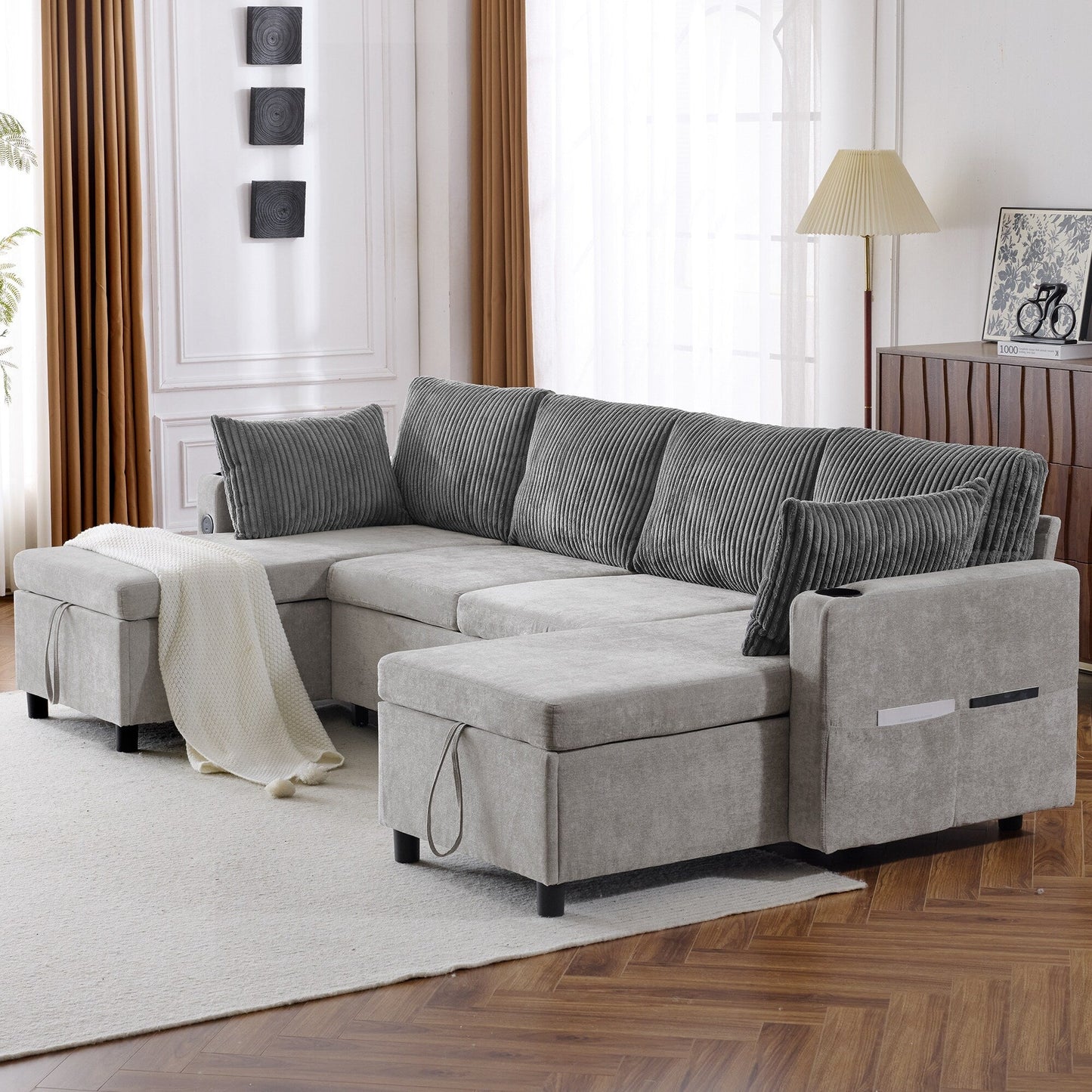 Multifunctional Sectional Sofa Bed with Pull-Out Sleeper, Dual Storage Chaises, USB Ports and Cup Holders for Living Room
