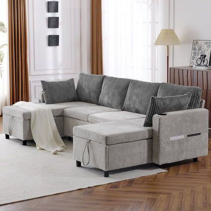 Multifunctional Sectional Sofa Bed with Pull-Out Sleeper, Dual Storage Chaises, USB Ports and Cup Holders for Living Room