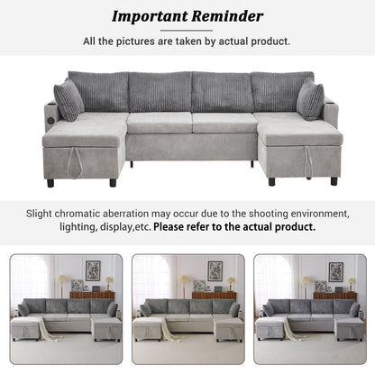 Multifunctional Sectional Sofa Bed with Pull-Out Sleeper, Dual Storage Chaises, USB Ports and Cup Holders for Living Room