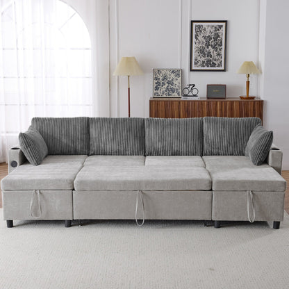 Multifunctional Sectional Sofa Bed with Pull-Out Sleeper, Dual Storage Chaises, USB Ports and Cup Holders for Living Room