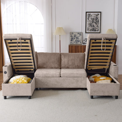 Multifunctional Sectional Sofa Bed with Pull-Out Sleeper, Dual Storage Chaises, USB Ports and Cup Holders for Living Room