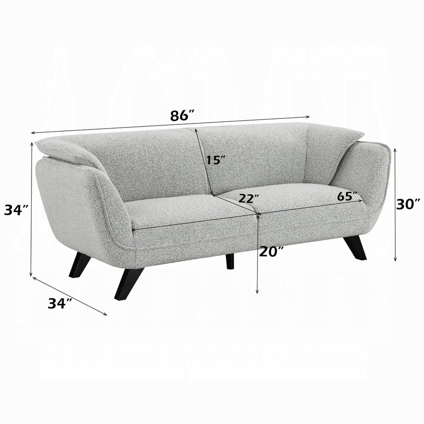 Naeli Sofa, Rounded Back, Light Gray Boucle, 86 Inch Solid Pine Wood