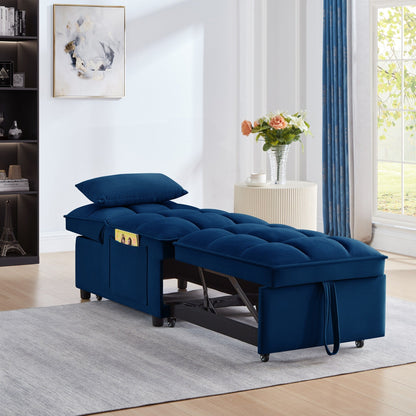 Navy 68.5 Velvet Single Folding Sofa Bed with Adjustable Backrest and Pillows for Living Room