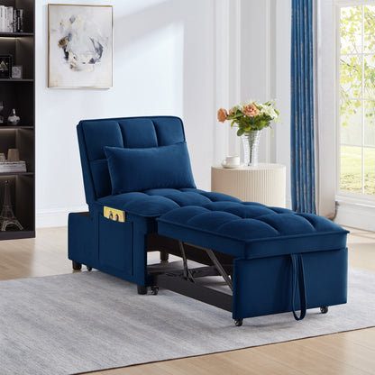 Navy 68.5 Velvet Single Folding Sofa Bed with Adjustable Backrest and Pillows for Living Room