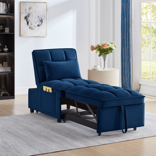 Navy 68.5 Velvet Single Folding Sofa Bed with Adjustable Backrest and Pillows for Living Room
