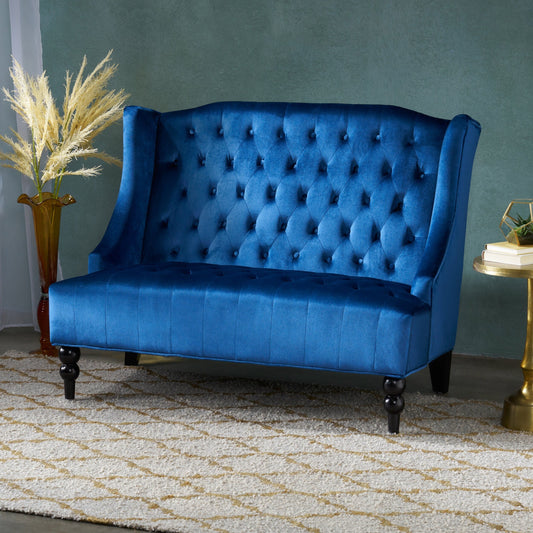 Marineblaues 50.25 Samt-Sofa mit Knopfheftung, hohes Ohrensessel-Sofa mit Holzbeinen für das Wohnzimmer