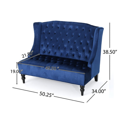 Marineblaues 50.25 Samt-Sofa mit Knopfheftung, hohes Ohrensessel-Sofa mit Holzbeinen für das Wohnzimmer