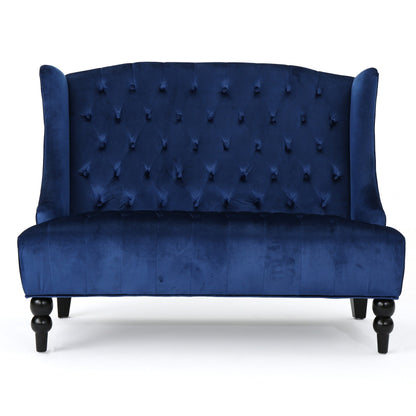 Marineblaues 50.25 Samt-Sofa mit Knopfheftung, hohes Ohrensessel-Sofa mit Holzbeinen für das Wohnzimmer