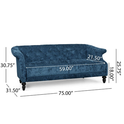 Marineblaues 75-Sofa aus Samt mit ausgestellten Armlehnen, getuftetes Sofa mit tiefer Sitzfläche und Holzbeinen für das Wohnzimmer