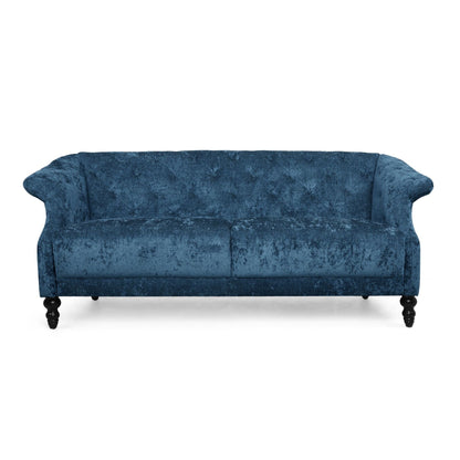 Marineblaues 75-Sofa aus Samt mit ausgestellten Armlehnen, getuftetes Sofa mit tiefer Sitzfläche und Holzbeinen für das Wohnzimmer