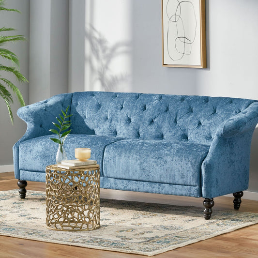 Marineblaues 75-Sofa aus Samt mit ausgestellten Armlehnen, getuftetes Sofa mit tiefer Sitzfläche und Holzbeinen für das Wohnzimmer