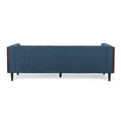 Navy Blue Button Tufted 3-seater Sofa with Wood Legs
