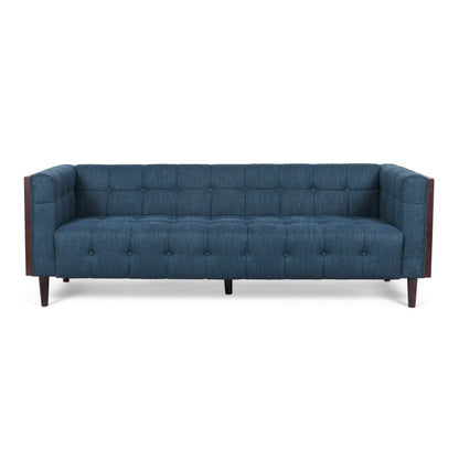 Navy Blue Button Tufted 3-seater Sofa with Wood Legs
