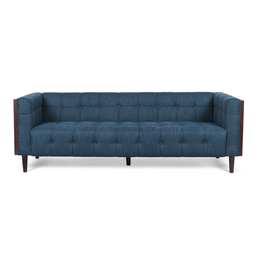 Navy Blue Button Tufted 3-seater Sofa with Wood Legs