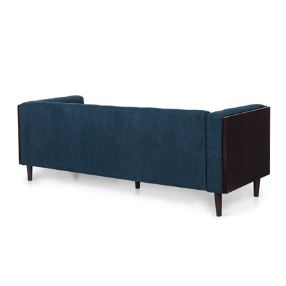 Navy Blue Button Tufted 3-seater Sofa with Wood Legs