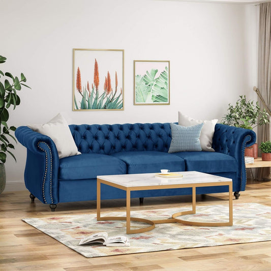 Marineblaues Chesterfield 84,75 knopfgetuftetes 3-Sitzer-Sofa mit Nagelköpfen und Holzbeinen für das Wohnzimmer