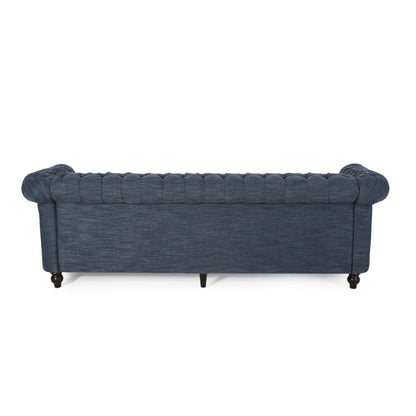 Marineblaues Chesterfield 84.75 3-Sitzer-Sofa mit Knopfheftung, Nagelköpfen und Holzbeinen